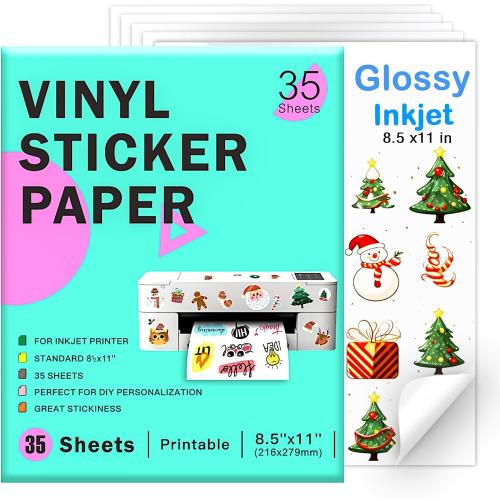 Printable Vinyl Sticker Paper for Inkjet Printer - 35 Sheets Glossy White - 8.5 x 11 - Waterproof Labels Paper, Dries Quickly,Vivid Colors,Tear Resistant,DIY Christmas Stickers