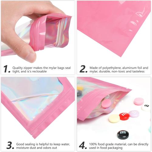 Funfery 100 pcs Pink Mylar Holographic Bags Packaging Bags,Clear Seal Resealable Smell Proof Bag Foil Pouch Bag for Food Storage and Lipgloss,Jewelry,Eyelash Packaging for Small Business(3x4.7In)