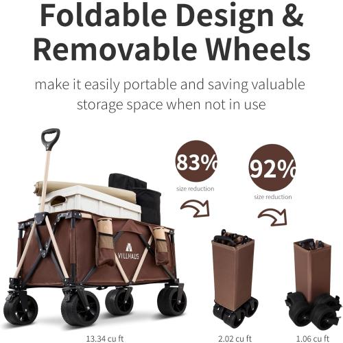 VILLHAUS Collapsible Folding Wagon Cart, 330 lbs, 5.7 cu.ft Capacity Outdoor Utility with 6.8 Removable Wheels