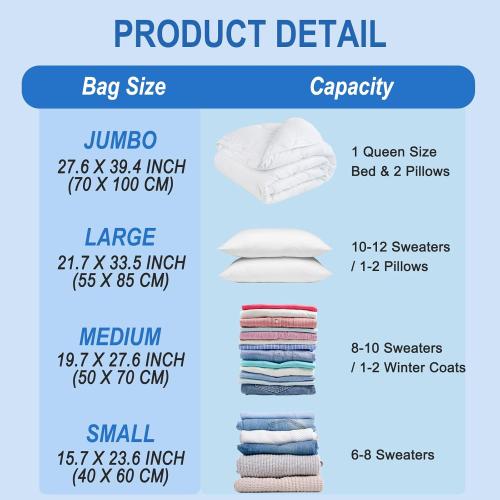 Vacuum Storage Bags with Hand Pump, Plastic Packaging Bags, 80% Space Saver Vacuum Seal Bags for Clothing, Travel Lugggage, Blankets, Comforters, 10 Jumbo