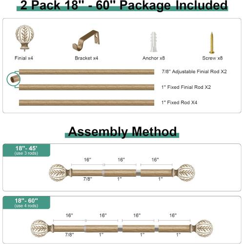 QDWIS 2 Pack Boho Wood Curtain Rods for Windows 28 to 48 inch,1 Adjustable Heavy Duty Window Curtain Rod with Imitation Wood Grain Finials,Rustic Decorative Drapery Rods Set 18-60'',Weathered Wood