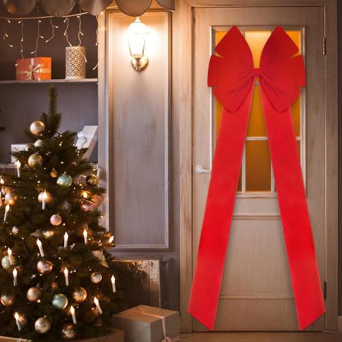 XunYee 82.6 x 27.5 Inch Christmas Extra Large Front Door Bow Decorations Giant Oversized Velvet Tree Bows Decorative with Long Streamers for Xmas Door Wreath Wall Porch Decorations(Red)