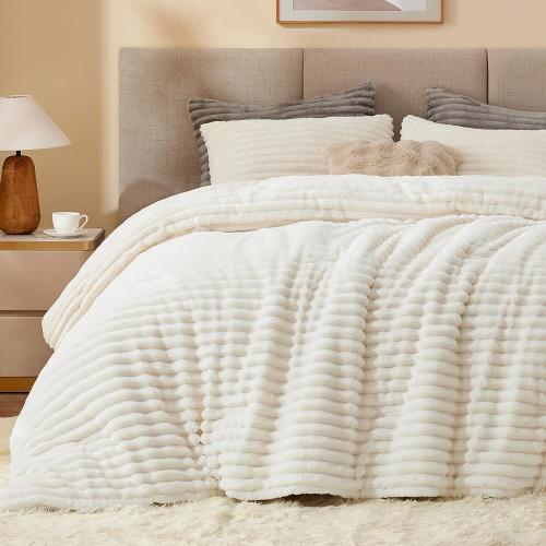 BEDELITE Fleece Full Comforter Set -Super Soft & Warm Fluffy Cream White Bedding, Luxury Fuzzy Heavy Bed Set for Winter with 2 Pillow Cases