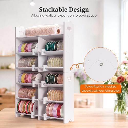 Stackable Small Roll Ribbon Storage Organizer Rack, Wall-Mountable Ribbon Holder Rack for Craft Room, Desktop Ribbon Spool Holder for Ribbons up to 4 in Diameter