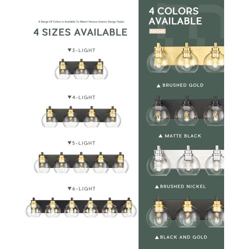 Bathroom Light Fixtures, 6-Light Black and Gold Bathroom Vanity Light, 38 Inch Modern Wall Sconces with Globe Clear Glass Shade, Vanity Lighting Fixtures Over Mirror, VL195-KG-6