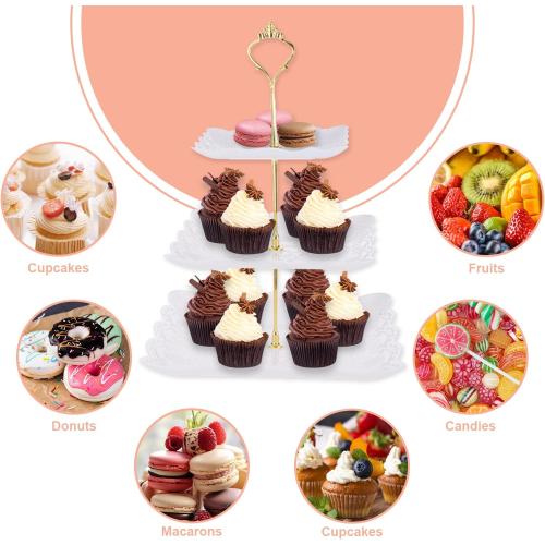 6 Pieces Cupcake Stand Set with 2 x 3 Tier Cupcake Stands, 3 x Appetizer Trays, 1x Tongs, Dessert Table Display Set for Wedding Birthday Baby Shower Tea Party (Square)