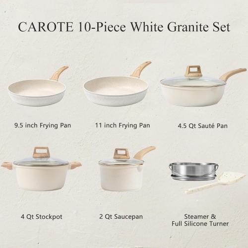 CAROTE Pots and Pans Set Nonstick, White Granite Induction Kitchen Cookware Set, 10 Pcs Non Stick Cooking Set w/Frying Pans & Saucepans(PFOS, PFOA Free)