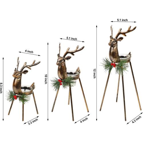 Juegoal Set of 3 Reindeer Tealight Candle Holders, Standing Iron Metal Christmas Decorations, Glass Votive Candle Holder, Durable and Rust-Proof Holiday Tabletop Centerpiece and Display