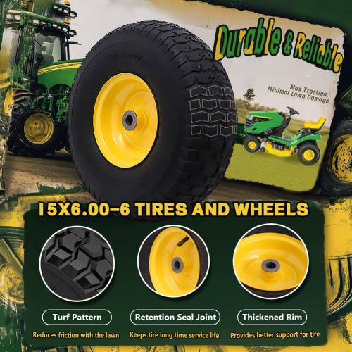 15x6.00-6 Tire and Wheel Assembly (2 Pack),Replacement Riding Lawn Mower Front Tires - With 3 Centered Hub and 3/4 Bushings (Extra 5/8 Bushings)
