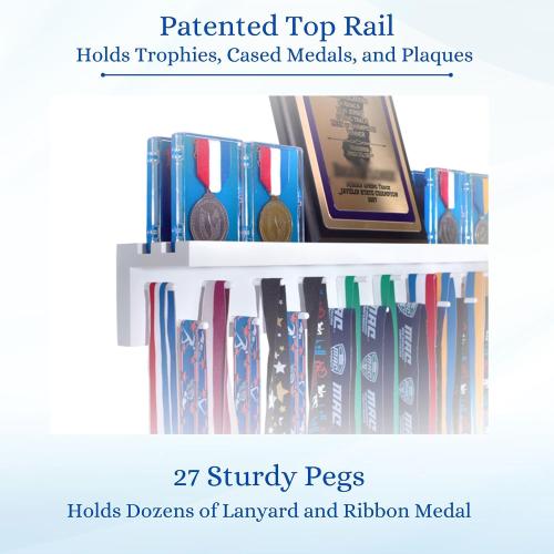 3ft Medal Hanger Display for Wall — Trophy Shelf with Hooks for Medals — 36 Solid Wood — Holds 30  Medals   Cased Medals for Running, Gymnastics, Cheer, Karate — White- Medal Awards Rack