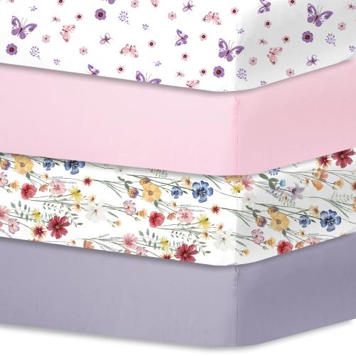Bimocosy Crib Sheets for Girls, Fitted Crib Sheet 4 Pack for Standard Crib and Toddler Mattresses, Super Soft Breathable Microfiber Baby Sheet 28x52x8in, Butterfly/Floral/Pink/Purple