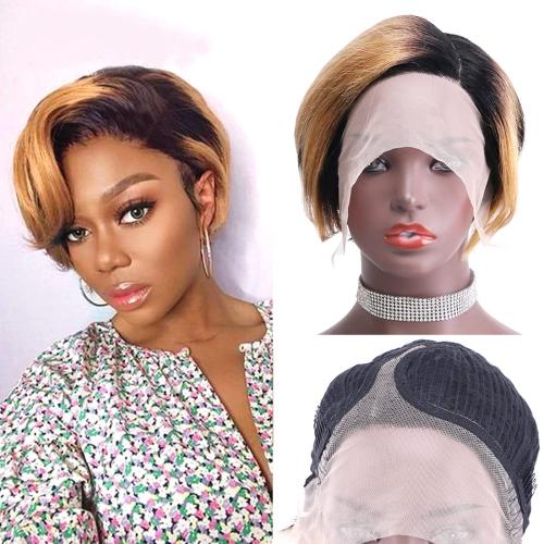 REYNA Short Pixie Cut Bob Human Hair Wig Side Part 13x4x1 Lace Wigs Ombre Honey Blonde Bob Wigs Human Hair for Black Women(T1/27#)