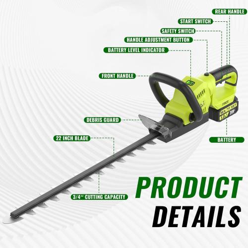 22-Inch Hedge Trimmer Cordless with 2x5.0Ah Battery & Charger, 20V Handheld Electric Tree Grass Trimmer with Rotatable Handle & Dual-Action Blade, Bush Shear Grass Cutter for Shrub Trimming, Garden