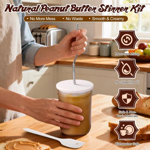 Natural Peanut Butter Stirrer Kit,304 Stainless Steel for 16-26 oz Jars