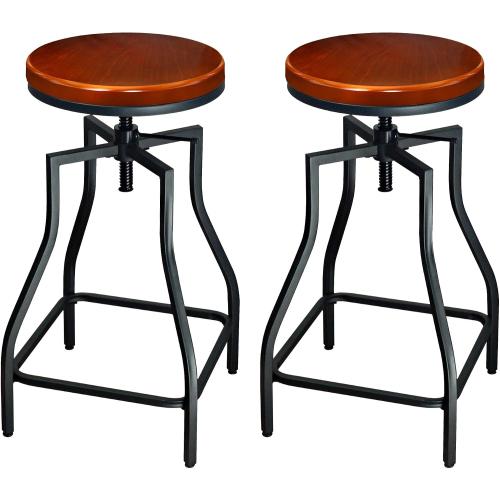 eHemco Adjustable Swivel Metal Kitchen Counter Height Backless Barstool with Wood Veneer Seat, Black, Set of 2