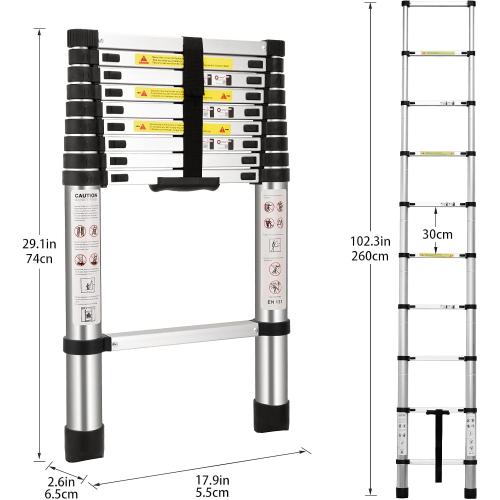 (8.5Ft/2.6M) Telescoping Ladders，EN131Standards Multi-Purpose Folding Aluminum Extension Ladder