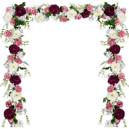 Color White Burgundy and Pink  2Pack Artificial Peony Flower Garland - Silk Peony Garland with Pink White Flowers for Wedding Party Table Decoration,6ft/Strand(White&Burgundy&Pink)