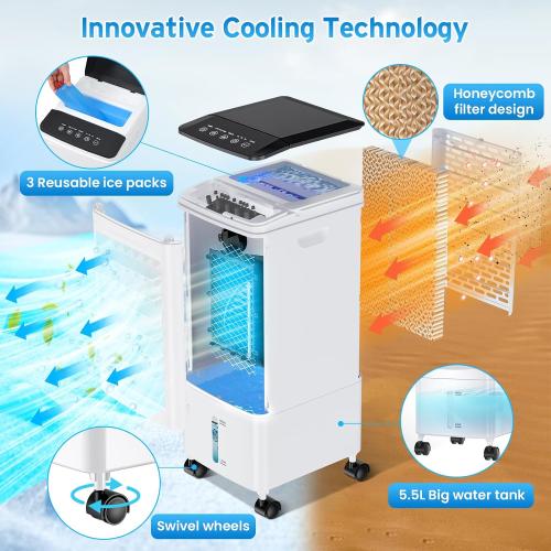 Portable Air Conditioners, Portable AC Unit, Evaporative Air Cooler w/1.6 Gal Water Tank, 3 Speeds, 60°Oscillation, Windowless Air Conditioner w/7.5H Timer, Swamp Cooler for Room Home Office