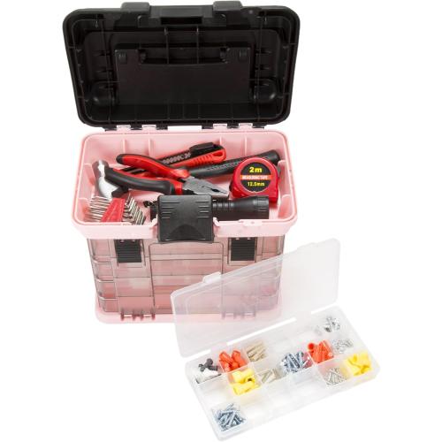 Portable Tool Box - Small Parts Organizer with Drawers and Customizable Compartments for Hardware, Fishing Tackle, Beads, or Crafts by Stalwart (Pink)