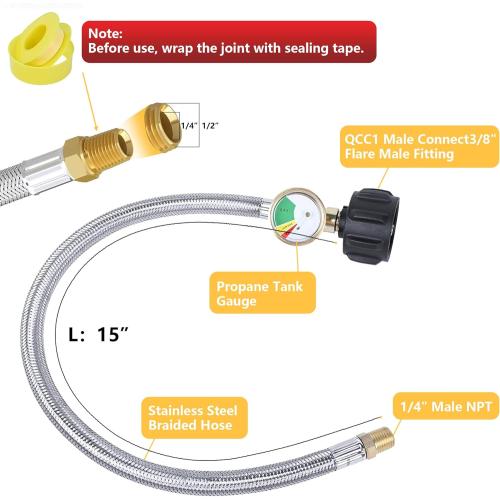 15 Inch RV Propane Hose Replacement with Gauge, 2 Pack - Stainless Steel Braided Hose for RV Two-Stage Regulator - 1/4 Male NPT & QCC1 Inlet, 350PSI
