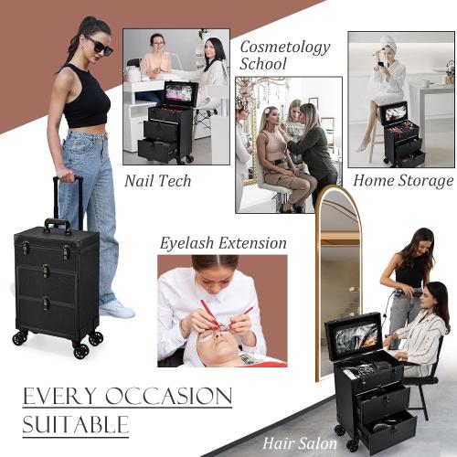 Size Medium Color Black Professional 3 in 1 Rolling Makeup Case Cosmetology Case on Wheels 2 Large Drawer Nail Case Trolley Traveling Cosmetic Train Case with Makeup Pouch for Artists Nail Technician Salon Cart Trunk Black