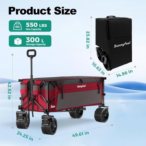 SUNNYFEEL 49 L Foldable Wagon Cart with Big Wheels - 550lbs Heavy Duty Extra Long Collapsible Shopping Cart - Utility Grocery Wagon for Garden Sports Camping Outdoor Activities (Red)