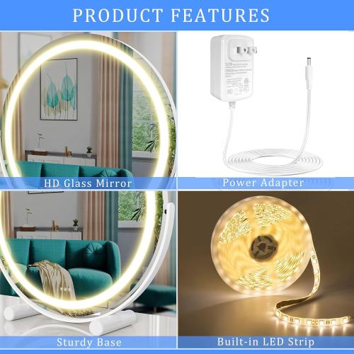 WHITE FRAME 12 Round Vanity Mirror, LED Lights, Smart Touch 360°Rotation, Dimmable White