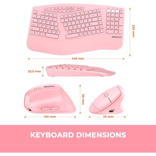 MEETION 2025 Upgrade Pink Ergonomic Keyboard and Mouse, Multi-Device Bluetooth/2.4G Keyboard, 3 DPI Adjustable Wireless Mouse, Full-Sized Rechargeable Cordless for PC/Computer/Laptop/Window