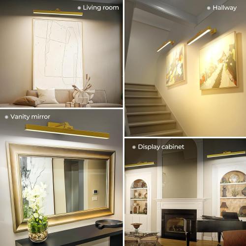 Size Medium Color Gold Picture Lights for Wall, Battery Operated Picture Light 24in Gallery Light for Paintings CCT Dimmable Recharging Battery Wall Light with Remote Control for Living Room Gallery Dartboard