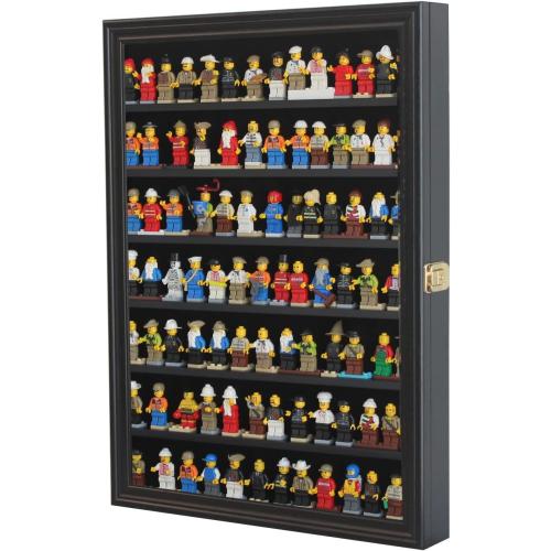 Minifigure Display Case - Building Block Toy Wall Cabinet Showcase for Small Miniature Collectibles Mini Brands Thimbles, Lockable UV Protection Door (Black Finish Frame)