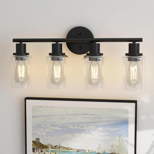 Pia Ricco Bathroom Vanity Light Fixtures, 4-Light Black Vanity Lights with Clear Glass Shades, Modern Wall Sconces Over Mirror, Bath Wall Sconces for Mirror Living Room Bedroom Hallway‼️doesn't come with light bulbs‼️