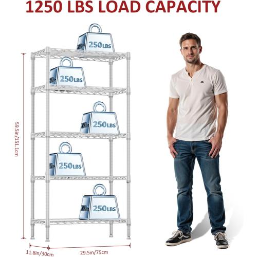 IZEUK 5 Tier White Metal Storage Shelves, Heavy Duty Wire Shelving Rack for Garage, Kitchen, Bathroom, Laundry, or Closet Organization, 1250 lbs Capacity, 11.8 D x 29.5 W x 59.5 H
