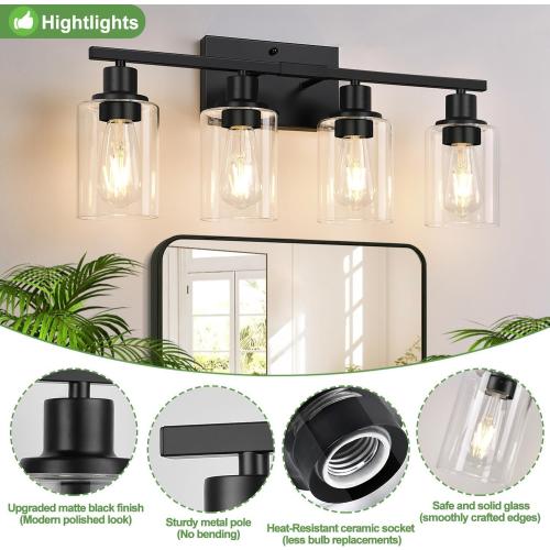 4-Light Bathroom Light Fixtures, Matte Black Modern Vanity Lights with Clear Glass Shades, Bathroom Wall Lamp for Mirror Living Room Cabinet Bedroom Porch