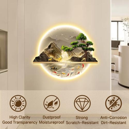 Zen LED Wall Art, Fish Wall Painting Decor with Led Light, Welcoming Pine Wall Decor Art, 3D Landscape Wall Sculpture Decoration, for Living Room Bedroom Office Entrance (B, 60×72cm)