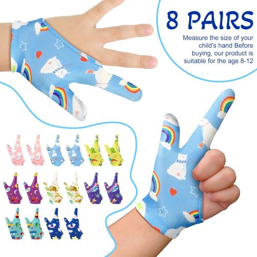 Janmercy 16 Pcs Thumb Sucking Stop for Kids Chewy Gloves Stop Breathable Thumb Guard for Nail Biting Gloves Cute Finger Sucking Stopper for Kids, 8 Style, 2 Finger(3-6 Years)