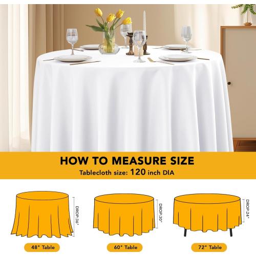 6-Pack White Round Tablecloths, 120 Inches, Stain-Resistant Polyester for 5-6 Ft Round Tables - Washable Table Covers for Weddings, Banquets, Birthday, Parties, Events