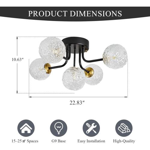Semi Flush Mount Ceiling Light Black 5-Lights Sputnik Ceiling Light Mid Century Modern Clear Glass Globe Close to Ceiling Light for Bedroom Kitchen Entryway Closet