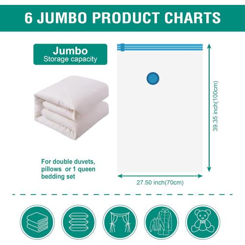 6 Jumbo Vacuum Storage Bags, Space Saver Bags Compression Storage Bags for Comforters and Blankets, Vacuum Sealer Bags for Clothes Storage, Hand Pump Included