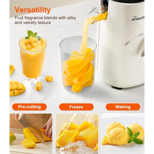 Cold Press Juicer, Zasmira Juicer Machines with Large Feeding Chute, Powerful Slow Juicer with Pulp Seperation, 99.6% Juice Purity, Easy to Clean, White
