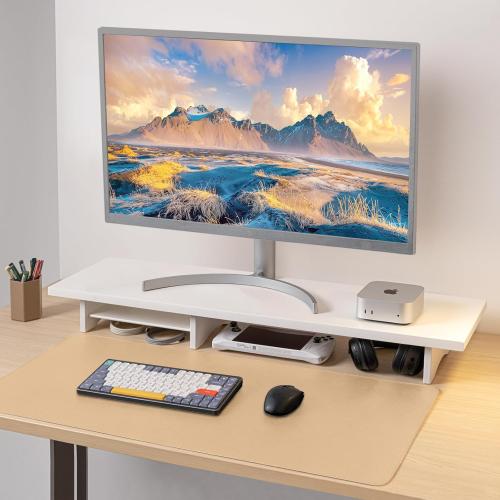 Bamboo Dual Monitor Stand Riser White, 2-Tier Desk Monitor Riser for 2 Monitors, Supports for PC Computer Monitor, Printer, Heavy TV Riser up to 300 lbs, White