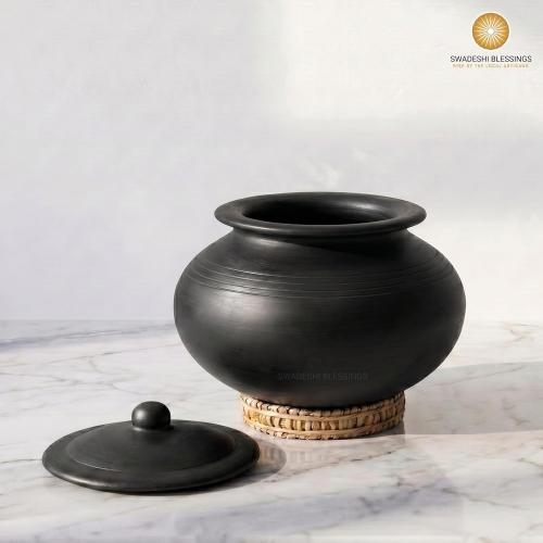 Swadeshi Blessings HandMade Unglazed Clay Pot for Cooking with Lid, 4Liters | Chemical-Free, Multi-Use Clay Cookware, Mud Handi, Mitti Ke Bartan, Biryani Pot, Earthen Kadai, Free Cleanser&Palm Leaf Stand