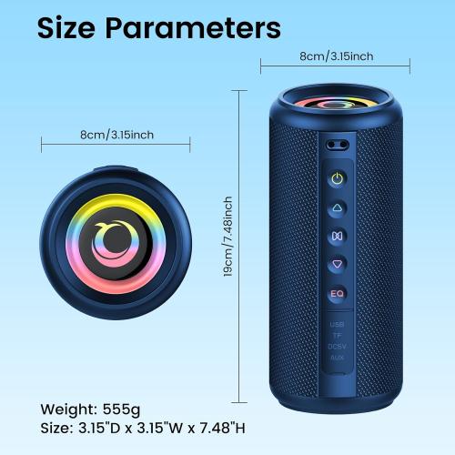 Portable Bluetooth Speaker, 2026 Bluetooth 5.4 Wireless Speaker with 20W HD Loud Stereo Sound, 20H Playtime, LED Lights, IP7, TWS Pairing, Built-in Mic, for Outdoor, Home, Beach, Party, Gift, Blue