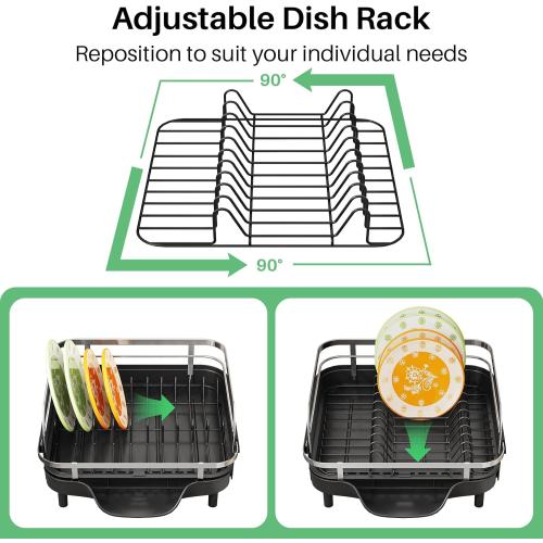 SAYZH Dish Drying Rack - Expandable Dish Rack for Kitchen Counter, Rust-Resistant Dish Drainer with Utensil Holder and Raised Guardrail, Kitchen Organizer for Cup and Bottle (Black)