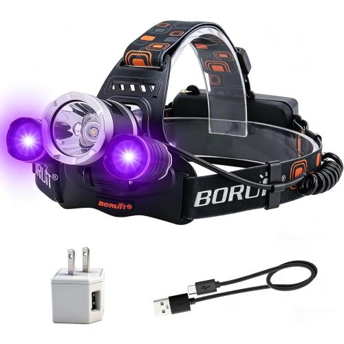 BORUIT RJ-3000 LED Black Light Headlamp,3 Modes White and UV Light Headlamp, Super Bright USB-C Rechargeable Aluminum Head Lamp for Inspection,Scorpions, Camping Hiking Outdoor Use