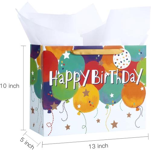 Loveinside Colorful Birthday Gift Bag, Balloons Pattern with HAPPY BIRTHDAY Text, Matching Tissue Paper, Greeting Card and Tag, Ideal for Kids' Birthday Gifts, 13 x 5 x 10, 1 Pcs