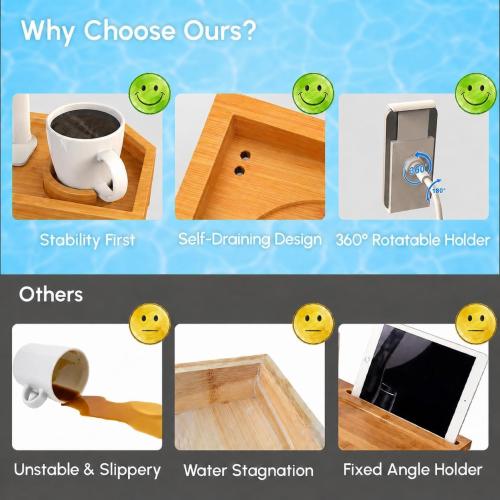 Bamboo Hot Tub Tray with 360°Adjustable Phone Holder, Hot Tub Drink Holder