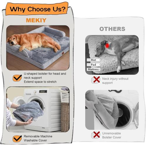 GREY Large Dog Bed Orthopedic Washable, Big Large XXXLarge Dogs, Orthopedic Grey Extra Dog Bed with Waterproof Cover and Removable Egg Foam, Couch Bed Bolster