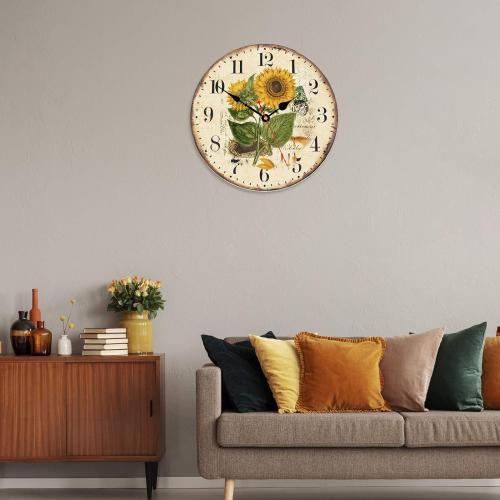 Size  8 Inch Summer Sunflower Wall Clock, Retro Rustic Floral Battery Operated Clocks, Wooden Decorative Easy to Read Clock for Home/Office/School/Bar