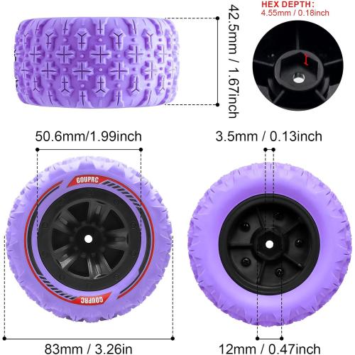 GOUPRC 12mm Hex RC Wheel Tires Set, 3.26 * 1.67 Inches 4PCS Swamp Claw Mud Terrain Tires Accessories for 1/14 1/16 RC Car Crawler Buggy Truck Purple