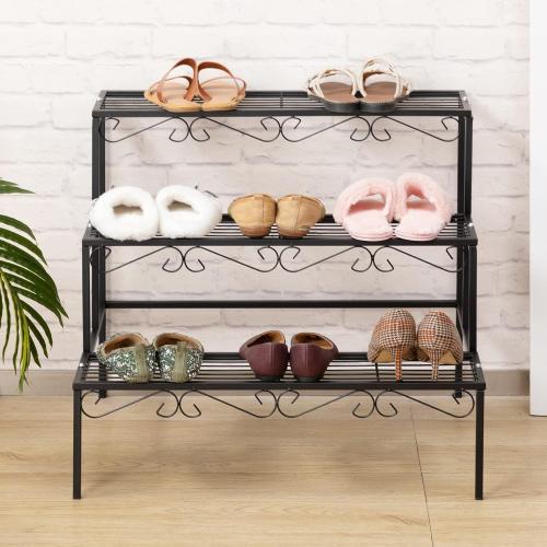 DOEWORKS 3 Tier Stair Style Metal Plant Stand, Garden Shelf for Large Flower Pot Display Rack Indoor Outdoor, Black